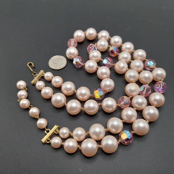 Vintage Pink Faux Pearls Pink Crystals Choker Necklace 1950s - Picture 11 of 11